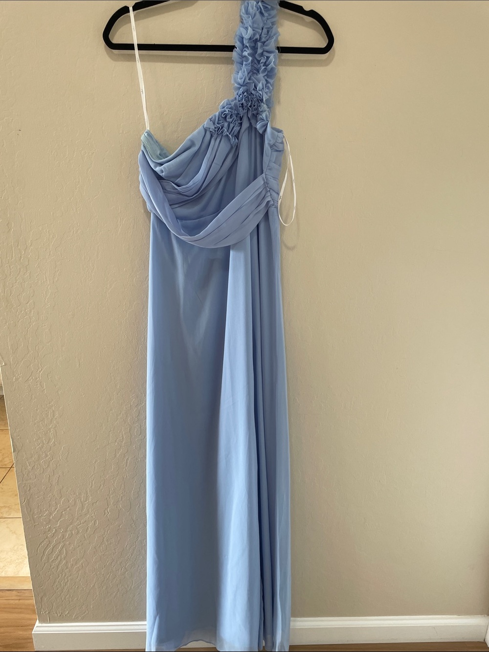 Lulu's Light Blue One-Shoulder Chiffon Gown with Floral Strap
